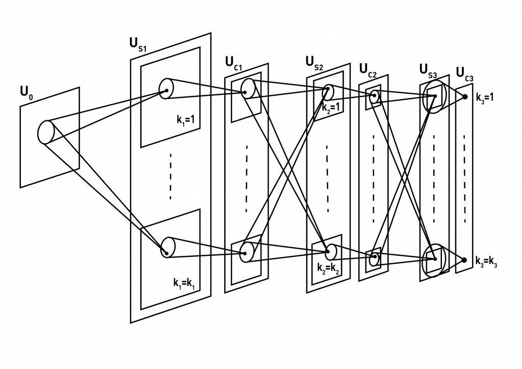 Диаграмма, показывающая связи между слоями в модели Неокогнитрон